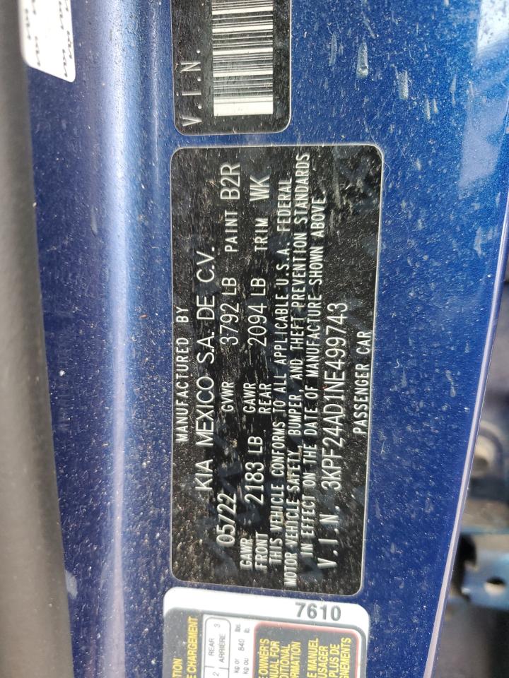 2022 Kia Forte Fe VIN: 3KPF24AD1NE499743 Lot: 86643095