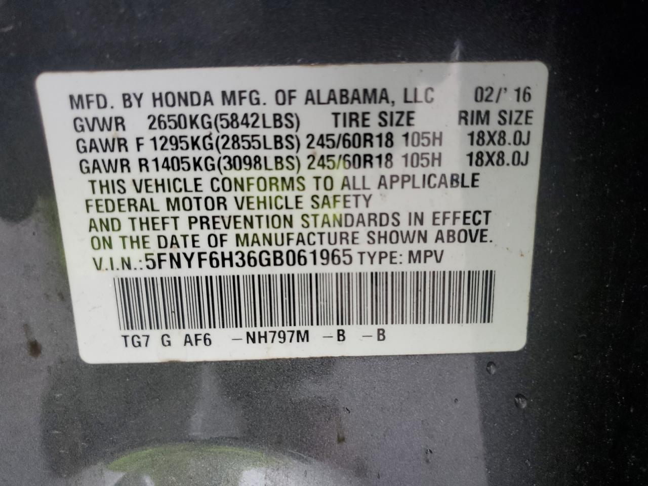 2016 Honda Pilot Ex VIN: 5FNYF6H36GB061965 Lot: 82306245