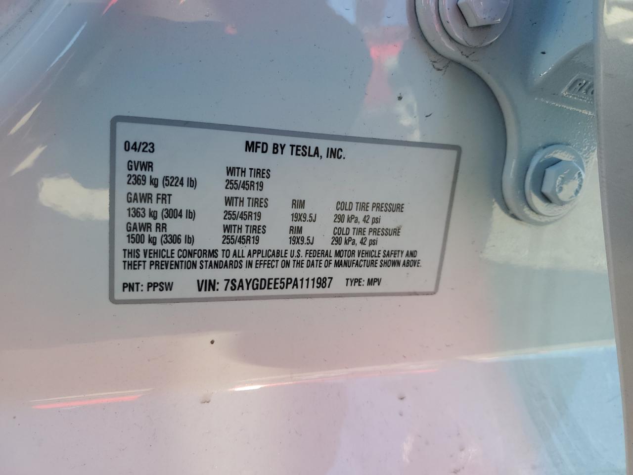 2023 Tesla Model Y VIN: 7SAYGDEE5PA111987 Lot: 87037045
