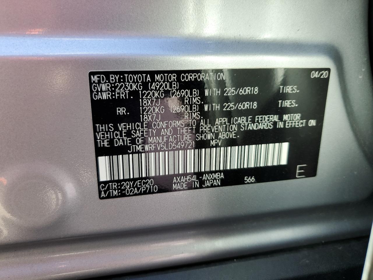 2020 Toyota Rav4 Xse VIN: JTMEWRFV5LD549721 Lot: 90297375