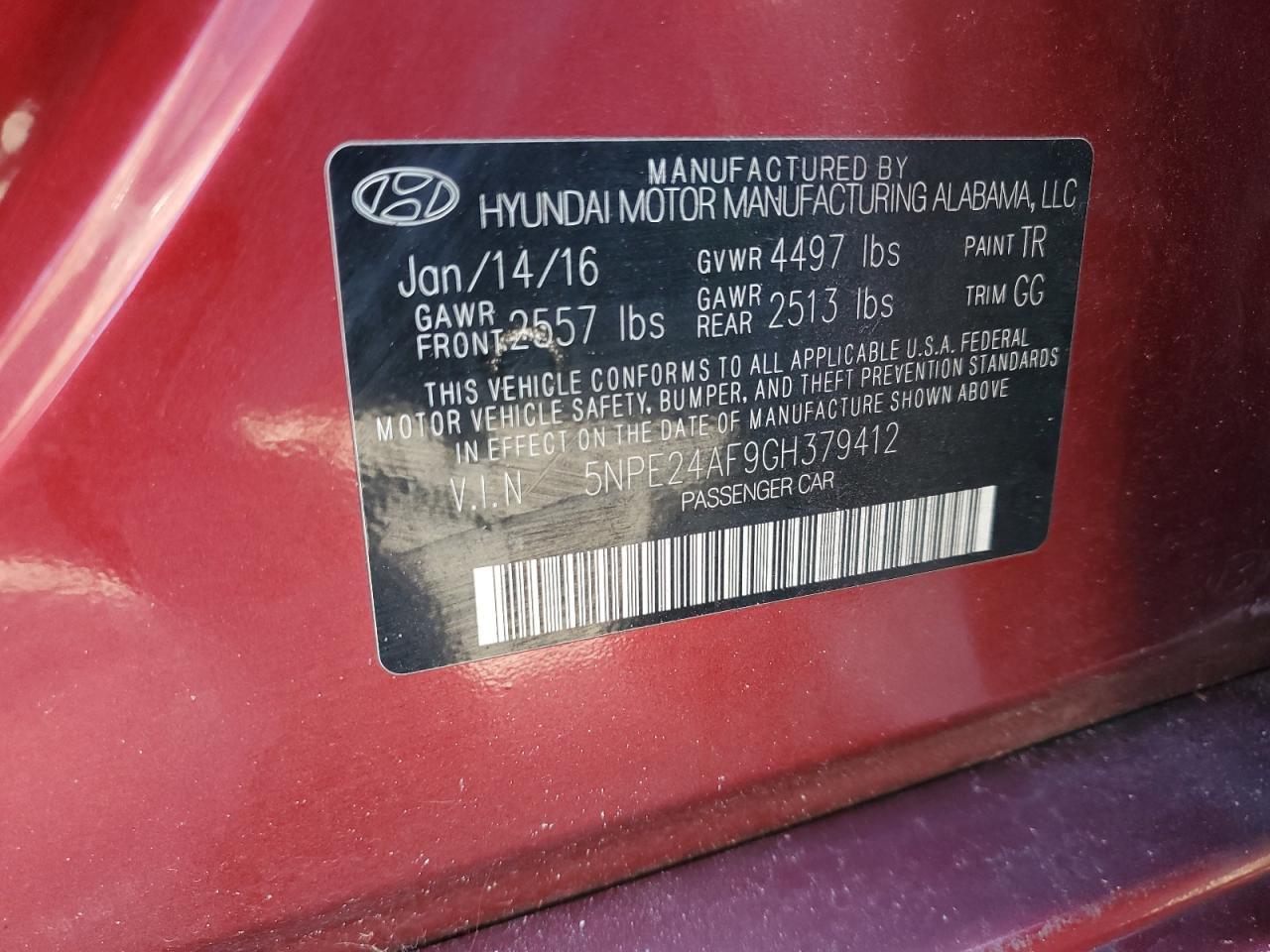 2016 Hyundai Sonata Se VIN: 5NPE24AF9GH379412 Lot: 86247195