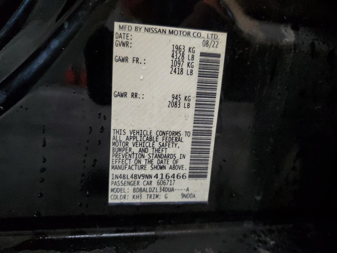 2022 Nissan Altima S VIN: 1N4BL4BV9NN416466 Lot: 82502545