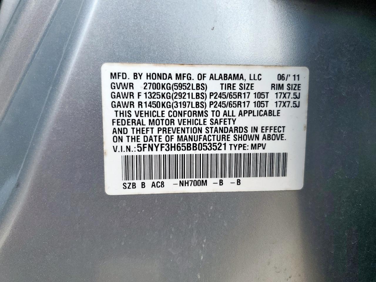 2011 Honda Pilot Exl VIN: 5FNYF3H65BB053521 Lot: 84795435