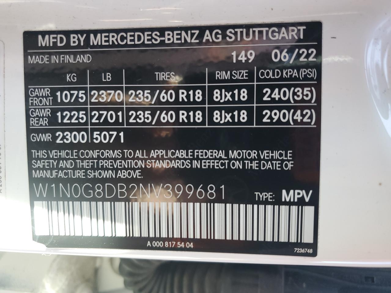 2022 Mercedes-Benz Glc 300 VIN: W1N0G8DB2NV399681 Lot: 86834705