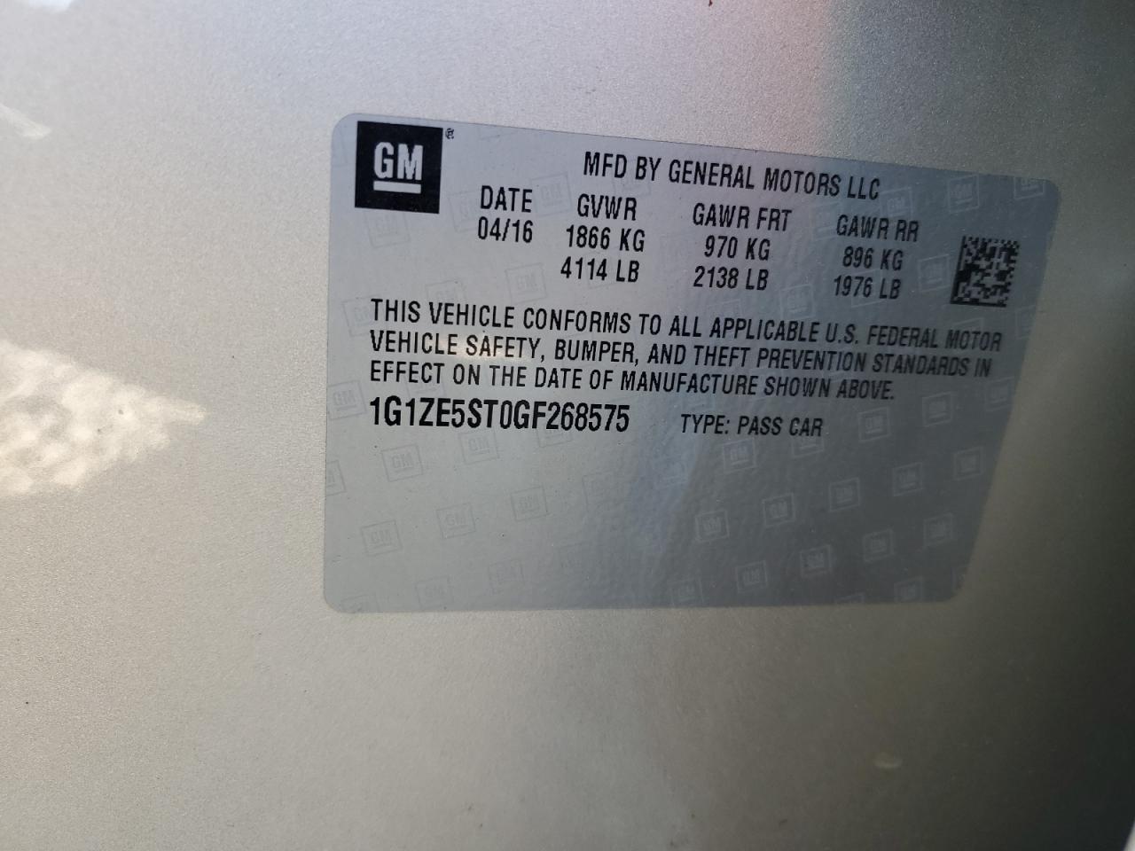 2016 Chevrolet Malibu Lt VIN: 1G1ZE5ST0GF268575 Lot: 84624205