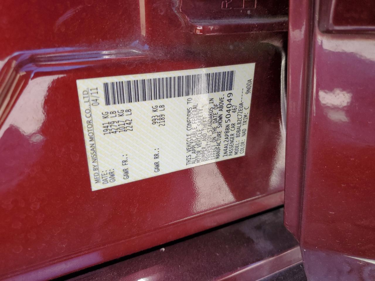 2011 Nissan Altima Base VIN: 1N4AL2AP8BN504049 Lot: 82138585