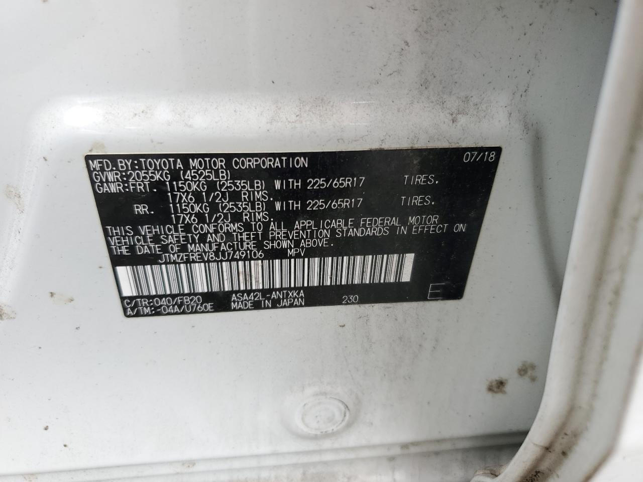 2018 Toyota Rav4 Le VIN: JTMZFREV8JJ749106 Lot: 85539635