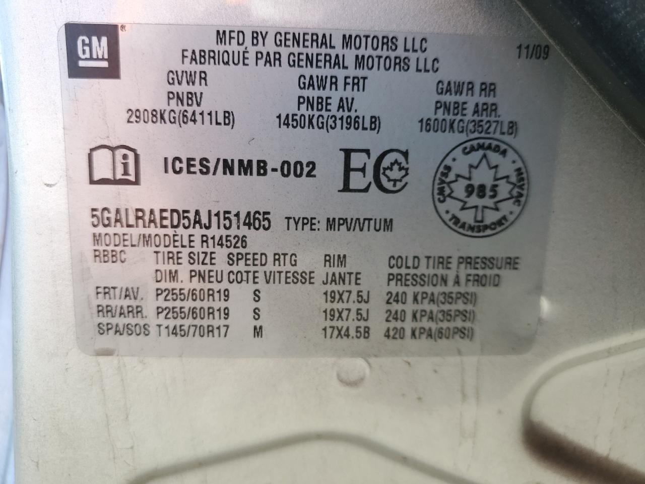 2010 Buick Enclave Cx VIN: 5GALRAED5AJ151465 Lot: 85743145