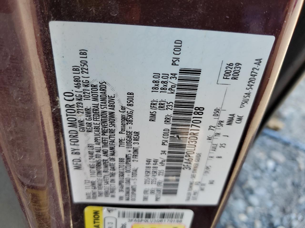 2013 Ford Fusion Se Hybrid VIN: 3FA6P0LU3DR170188 Lot: 85406585