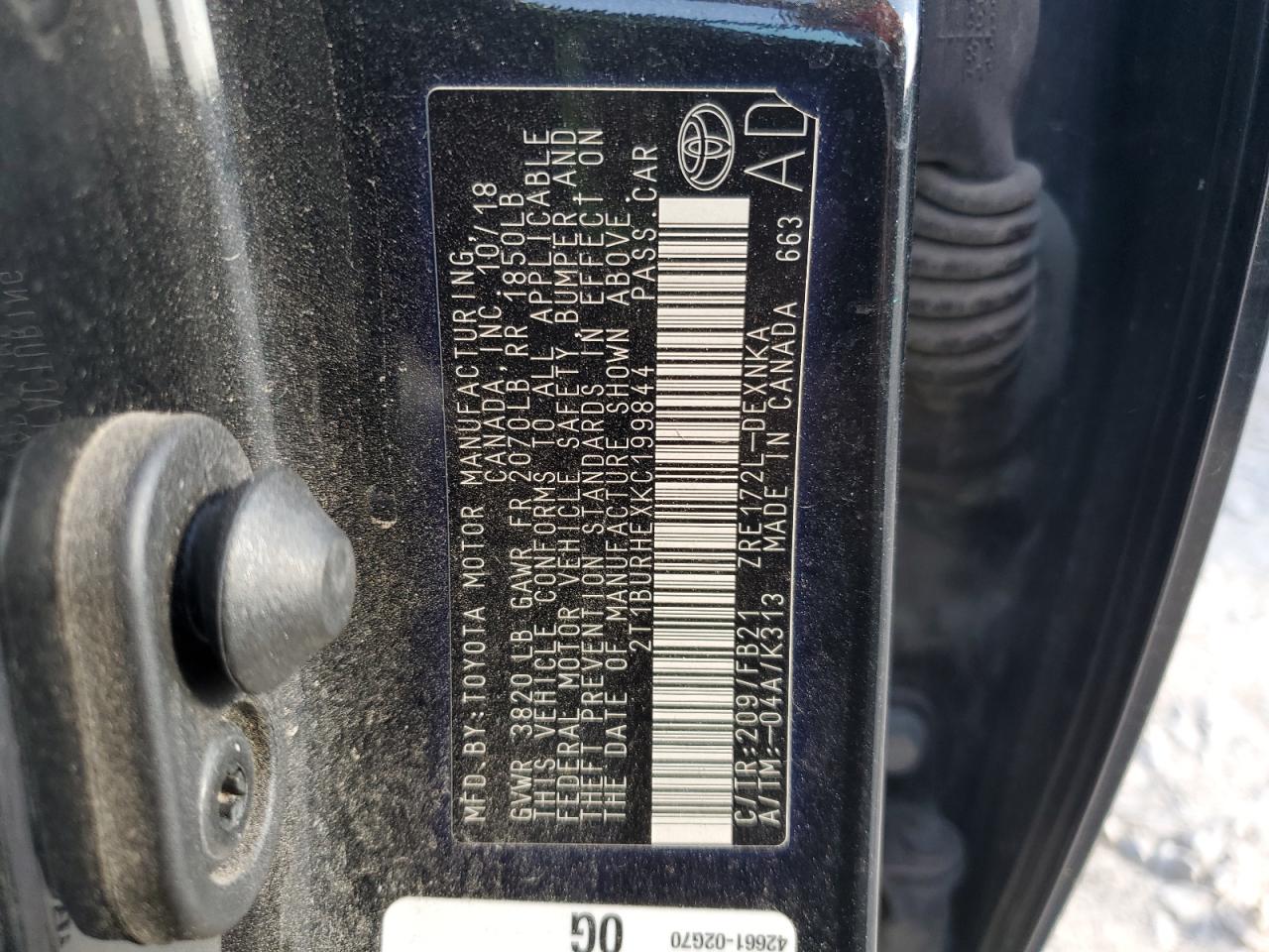 2019 Toyota Corolla L VIN: 2T1BURHEXKC199844 Lot: 85198325