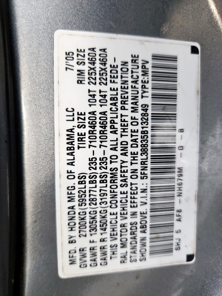 2005 Honda Odyssey Touring VIN: 5FNRL38835B132849 Lot: 86166625