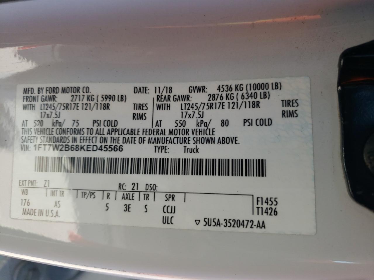 2019 Ford F250 Super Duty VIN: 1FT7W2B68KED45566 Lot: 85594895