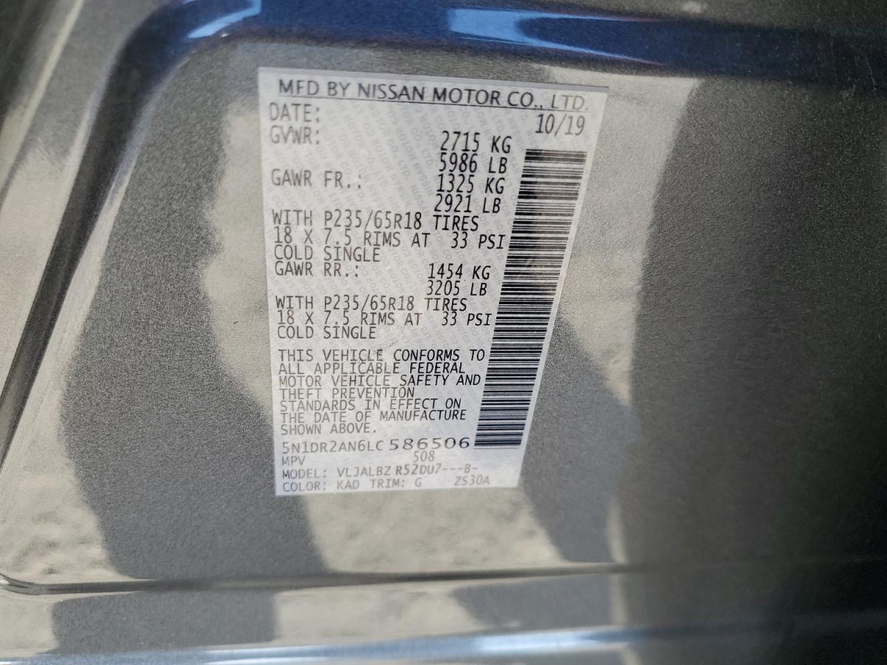 2020 Nissan Pathfinder S VIN: 5N1DR2AN6LC586506 Lot: 85587415