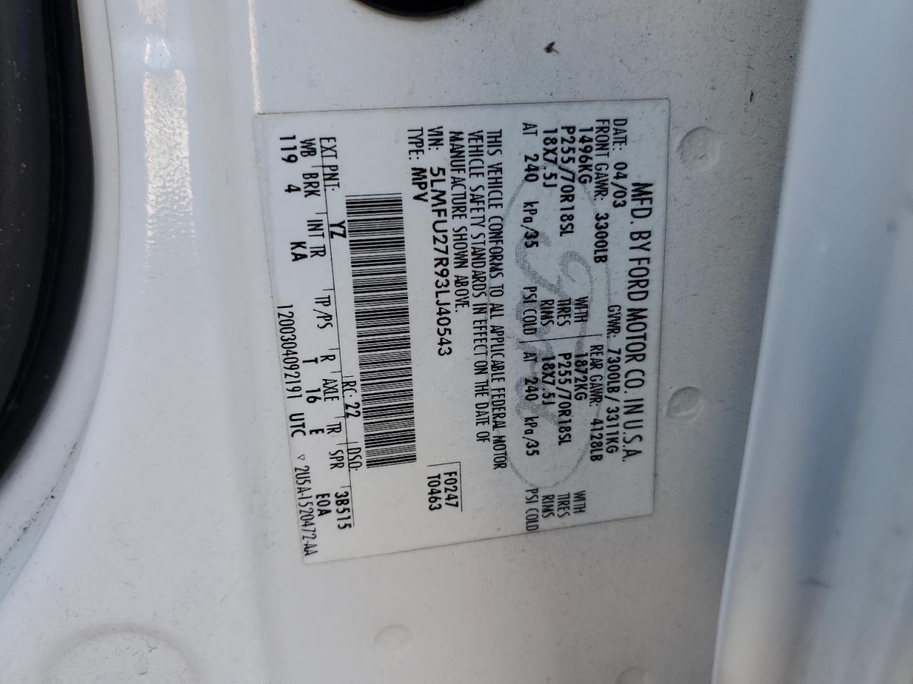 2003 Lincoln Navigator VIN: 5LMFU27R93LJ40543 Lot: 82364995