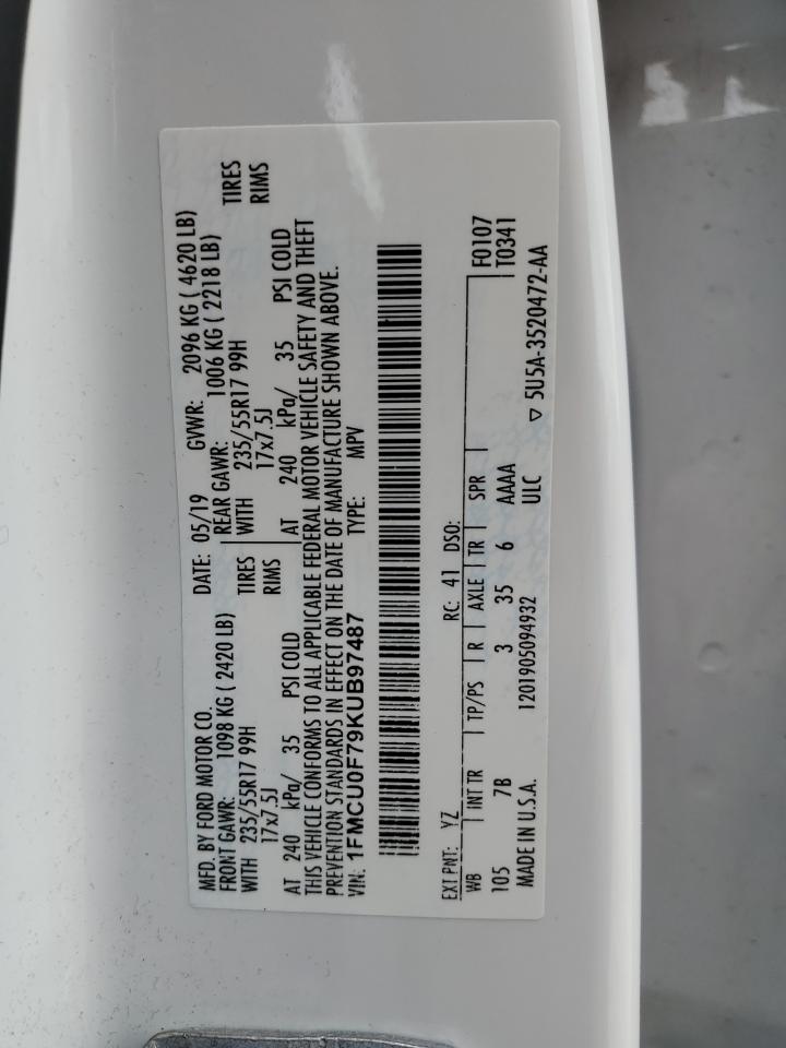 2019 Ford Escape S VIN: 1FMCU0F79KUB97487 Lot: 82378705