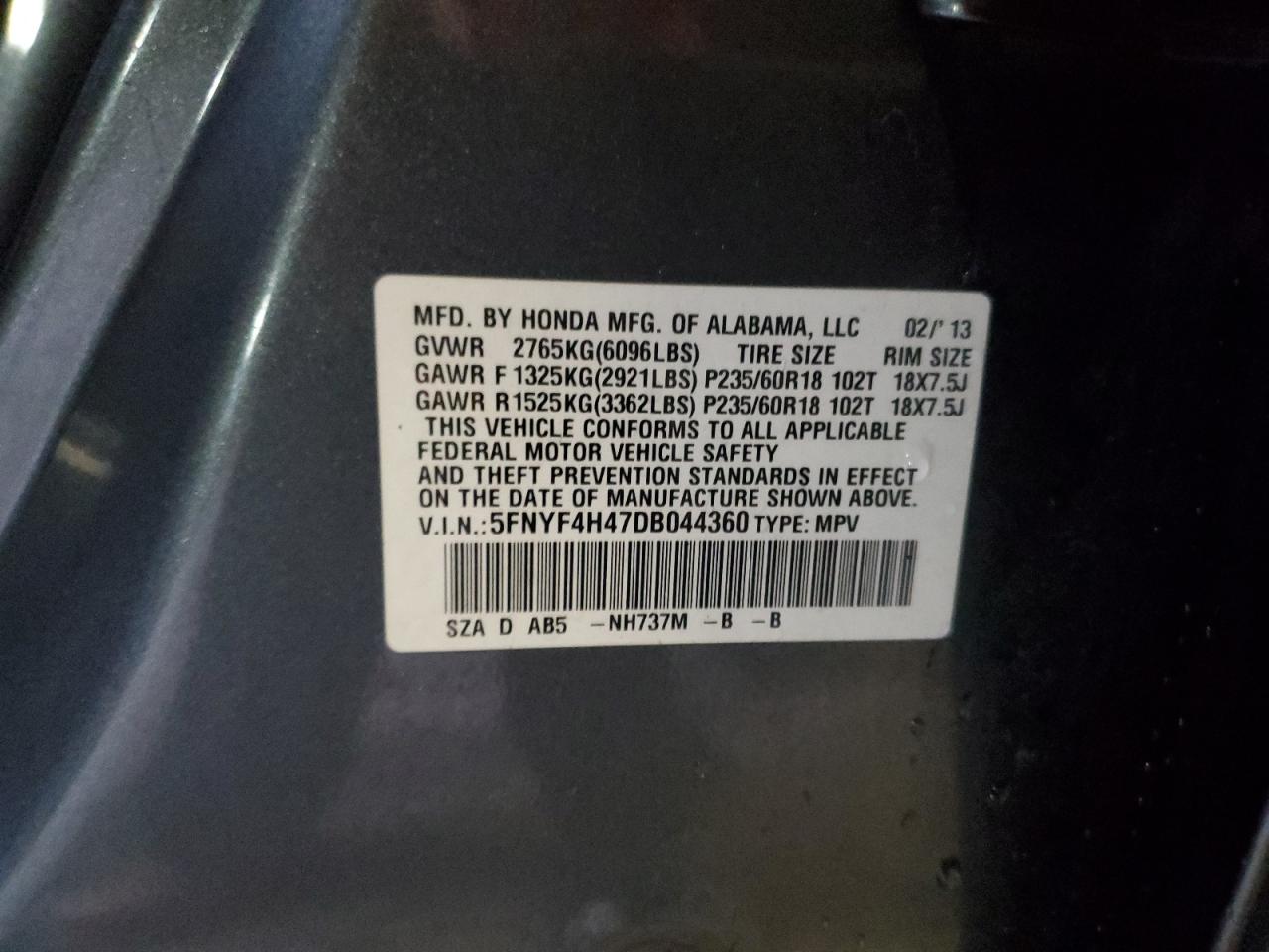 2013 Honda Pilot Ex VIN: 5FNYF4H47DB044360 Lot: 85526055