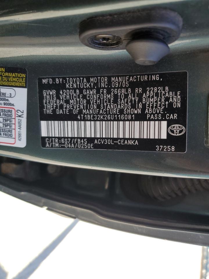 2006 Toyota Camry Le VIN: 4T1BE32K26U116081 Lot: 85259245