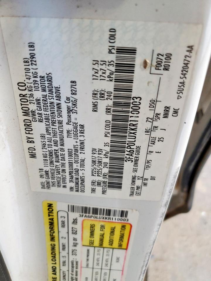 2019 Ford Fusion Se VIN: 3FA6P0LUXKR110003 Lot: 85288255