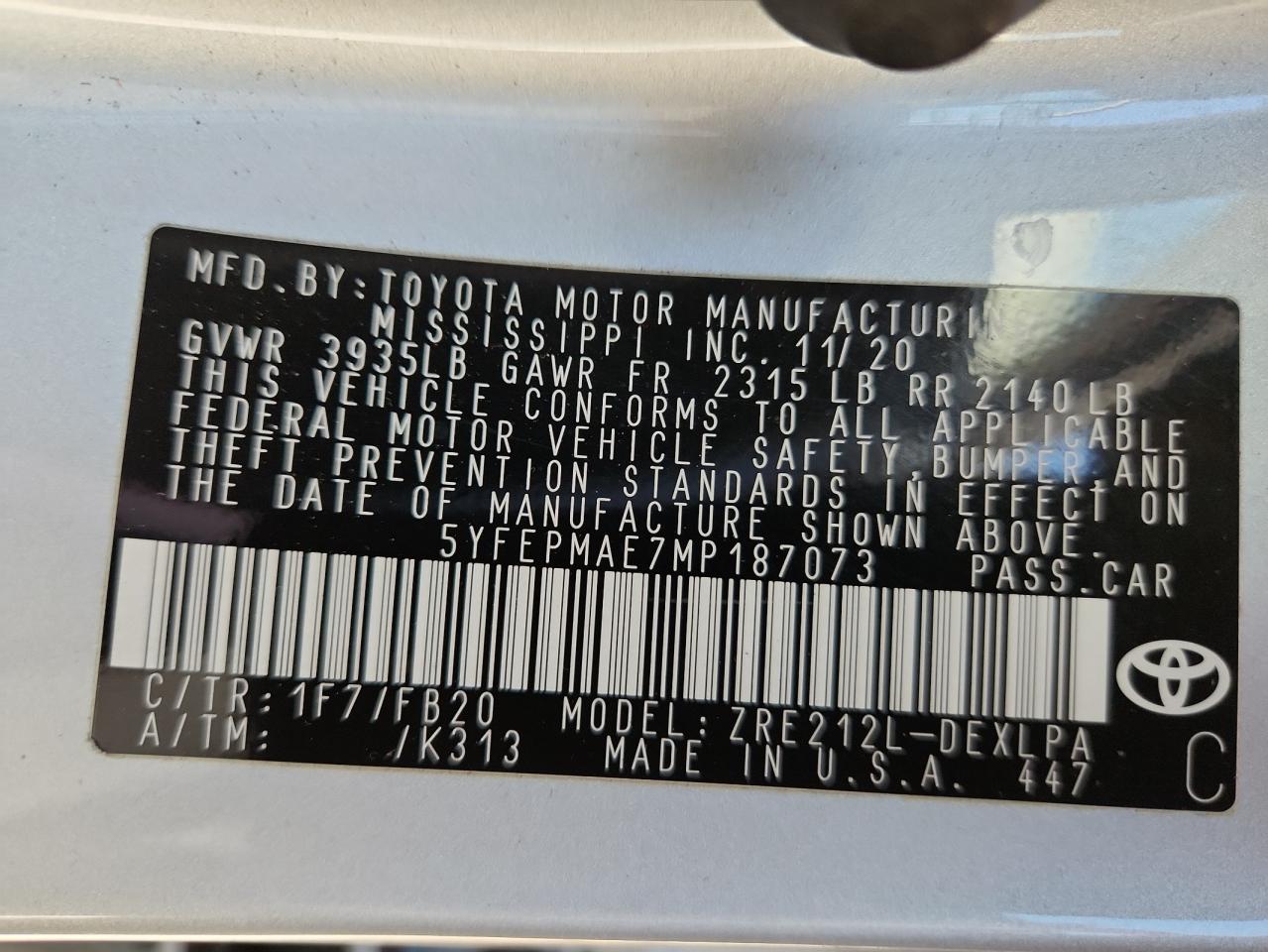 2021 Toyota Corolla Le VIN: 5YFEPMAE7MP187073 Lot: 85326905