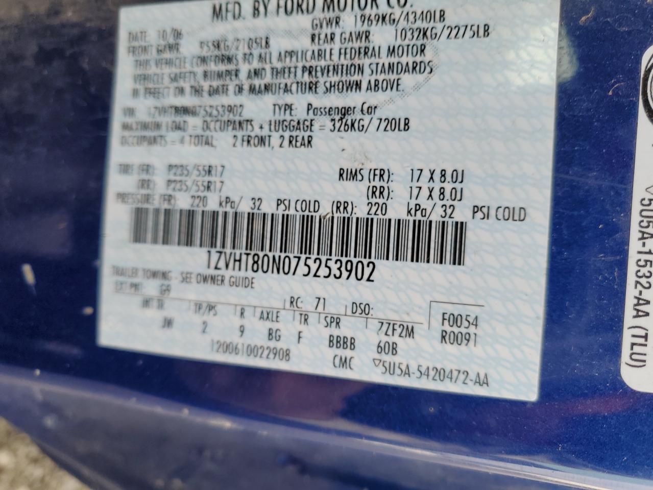 2007 Ford Mustang VIN: 1ZVHT80N075253902 Lot: 84063115