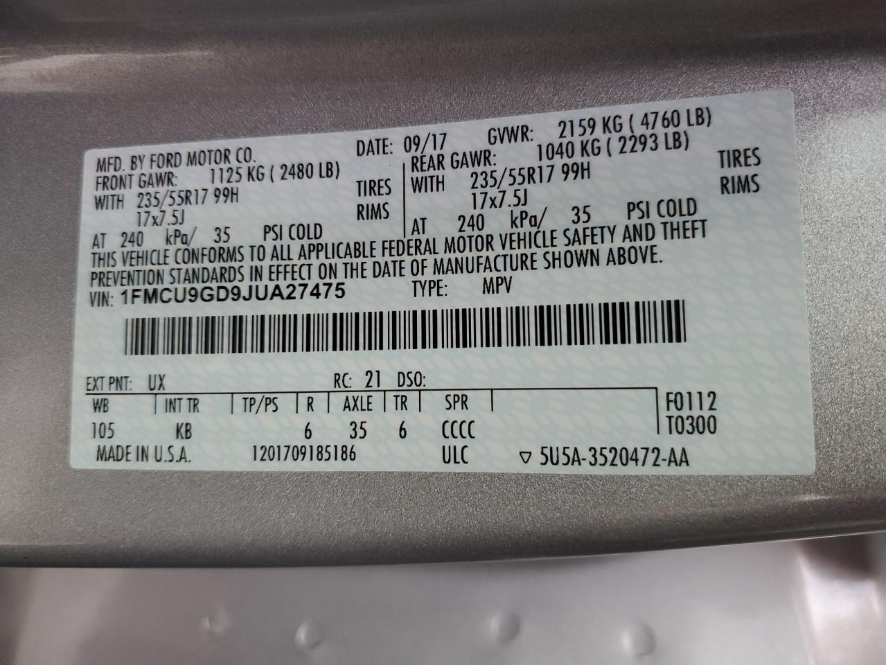 2018 Ford Escape Se VIN: 1FMCU9GD9JUA27475 Lot: 82301455