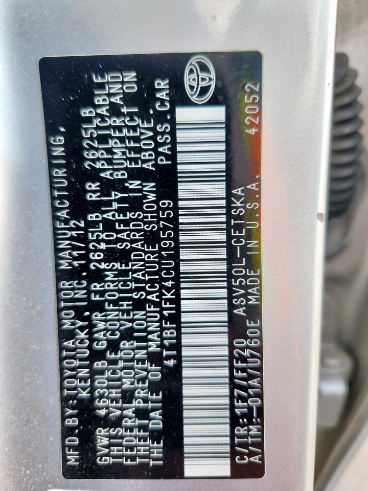2012 Toyota Camry Base VIN: 4T1BF1FK4CU195759 Lot: 86103595