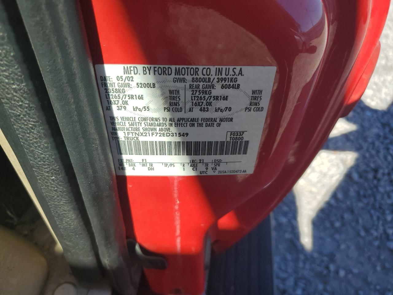 2002 Ford F250 Super Duty VIN: 1FTNX21F72ED31549 Lot: 86831845