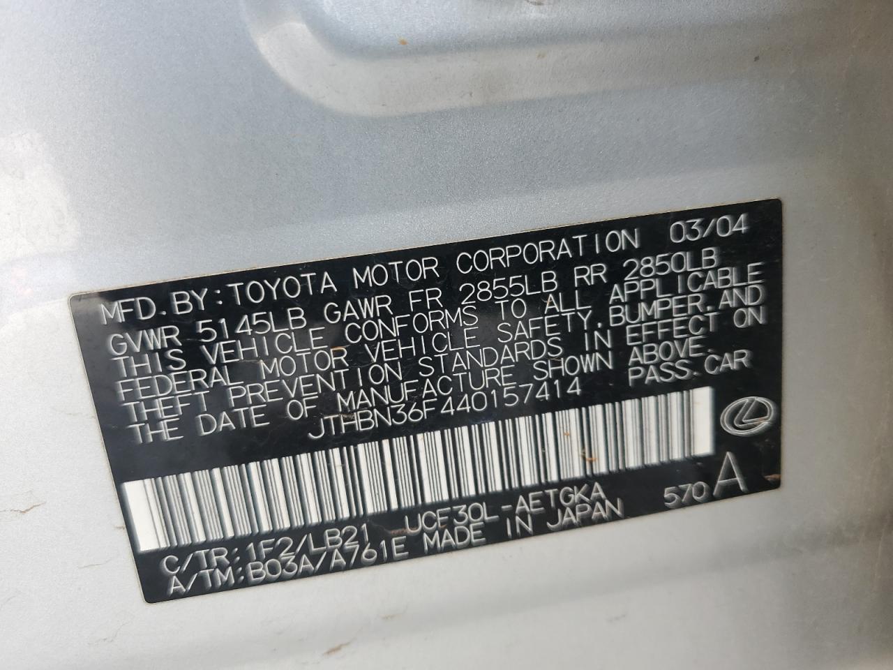 2004 Lexus Ls 430 VIN: JTHBN36F440157414 Lot: 82320185