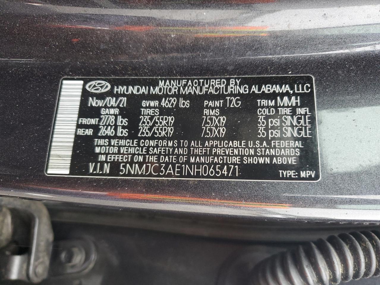 2022 Hyundai Tucson Sel VIN: 5NMJC3AE1NH065471 Lot: 85931825