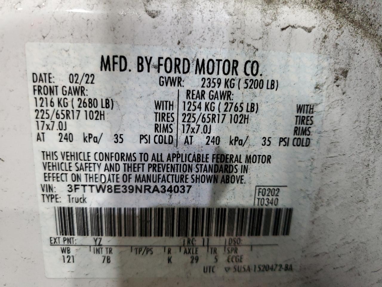 2022 Ford Maverick Xl VIN: 3FTTW8E39NRA34037 Lot: 86891895