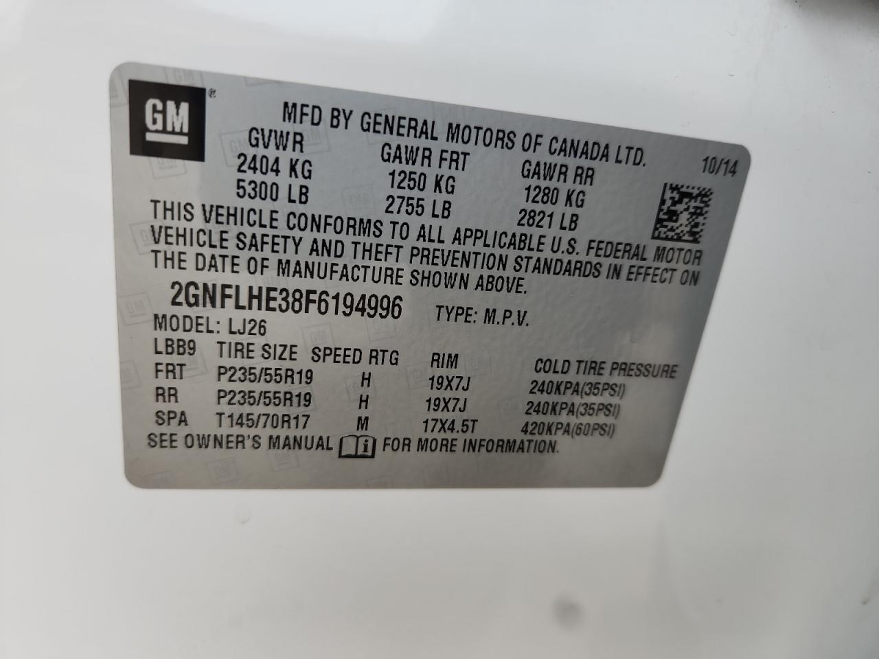 2015 Chevrolet Equinox Ltz VIN: 2GNFLHE38F6194996 Lot: 85720935