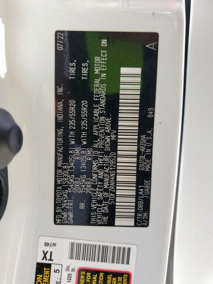 2022 Toyota Highlander Platinum VIN: 5TDFZRAH4NS129520 Lot: 71950065