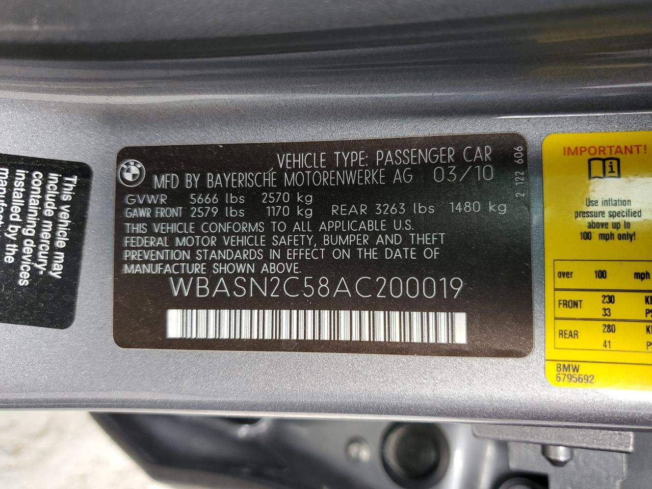 2010 BMW 535 Gt VIN: WBASN2C58AC200019 Lot: 86252425