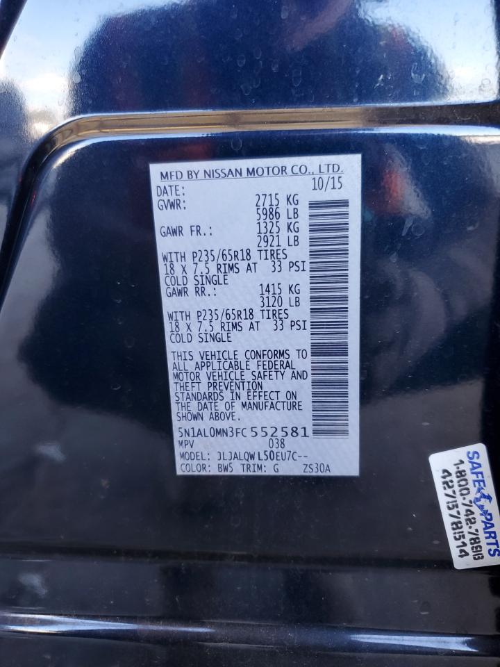 2015 Infiniti Qx60 VIN: 5N1AL0MN3FC552581 Lot: 84834515