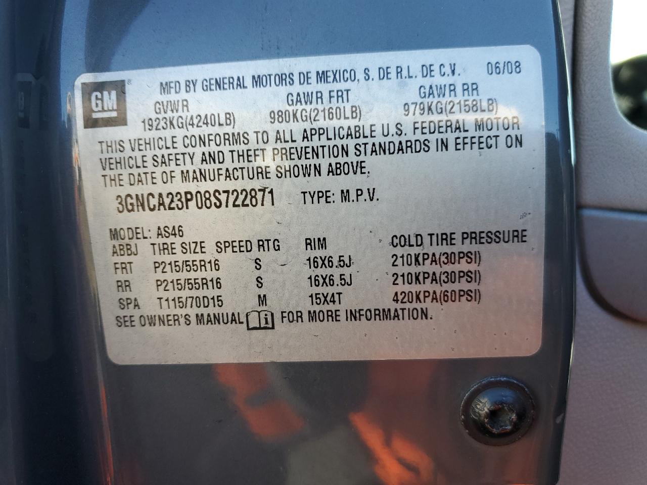 2008 Chevrolet Hhr Lt VIN: 3GNCA23P08S722871 Lot: 86668045