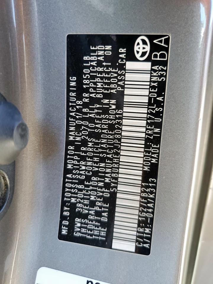 2018 Toyota Corolla L VIN: 5YFBURHE2JP802316 Lot: 82380645