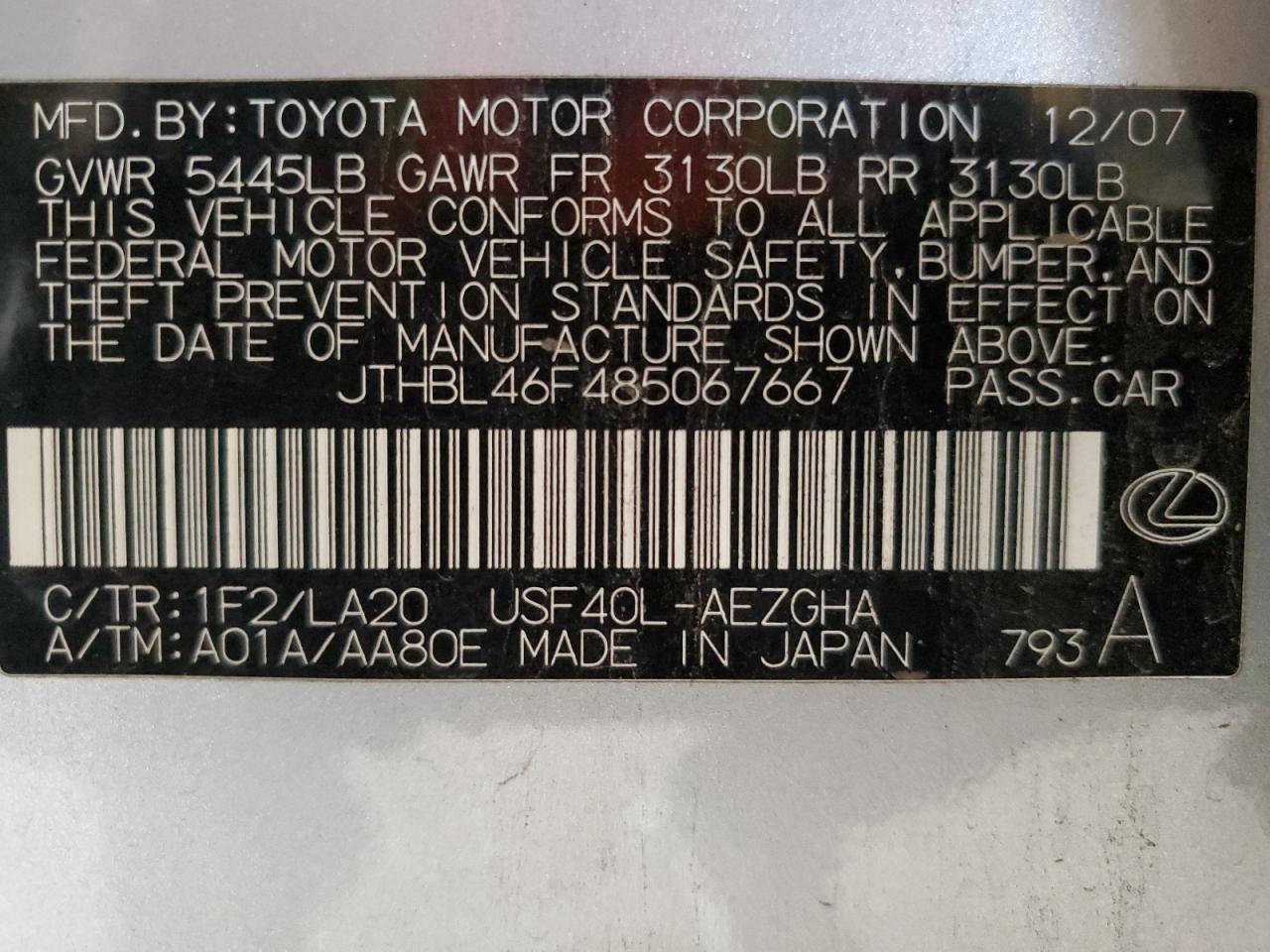 2008 Lexus Ls 460 VIN: JTHBL46F485067667 Lot: 81915755