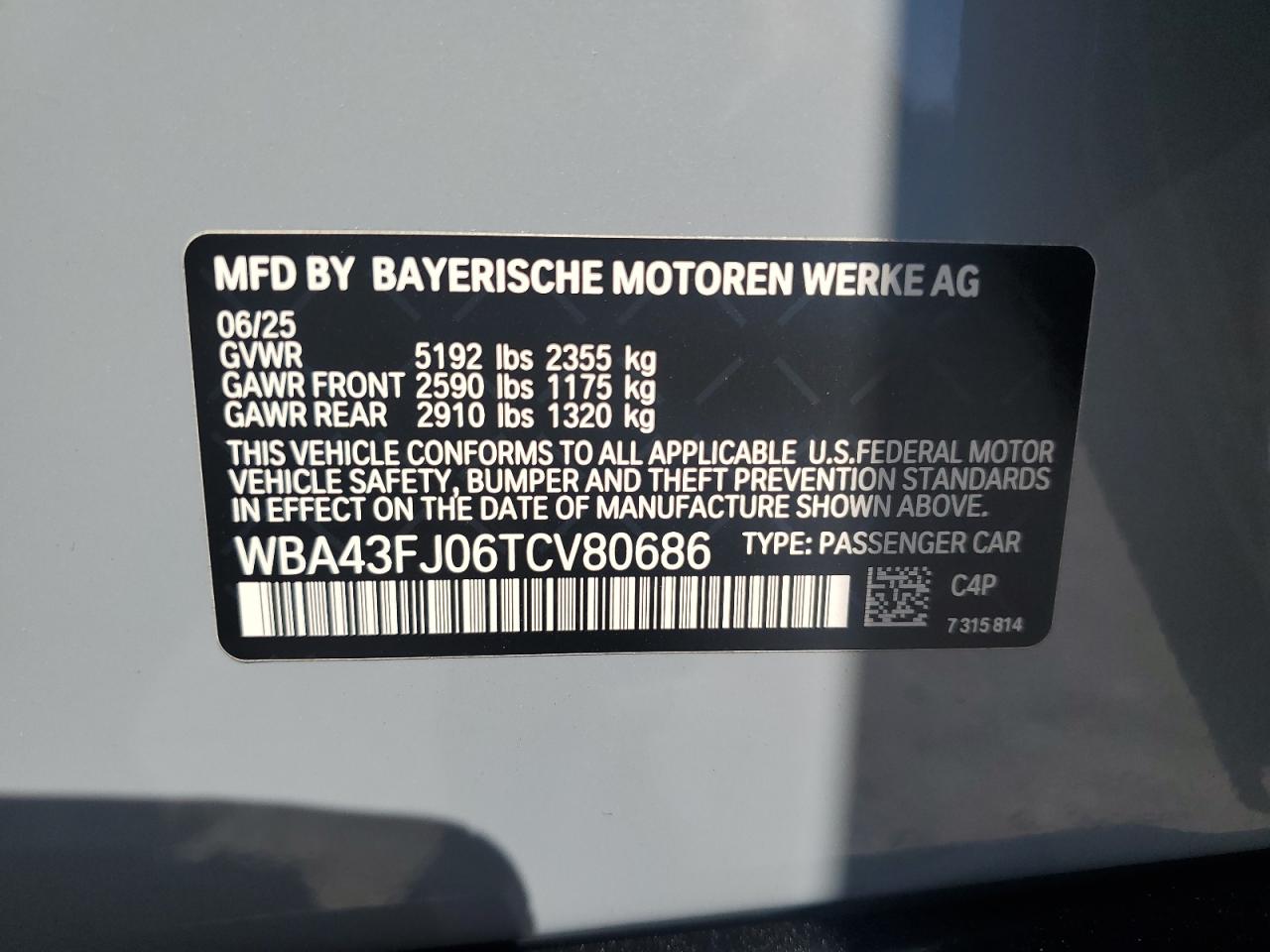 2026 BMW 530 I VIN: WBA43FJ06TCV80686 Lot: 81964905