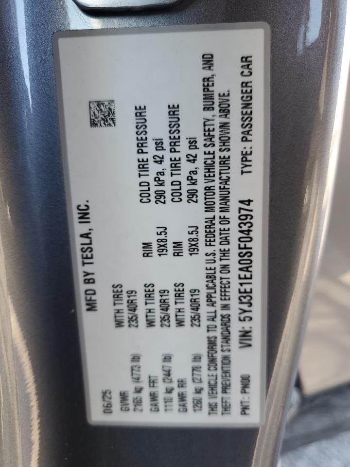 2025 Tesla Model 3 VIN: 5YJ3E1EA0SF043974 Lot: 89862145