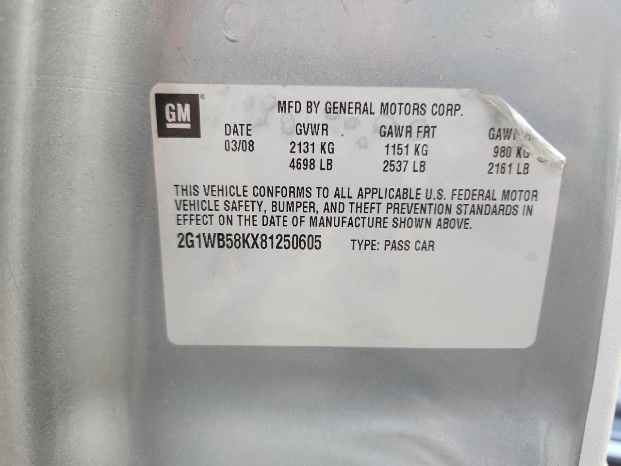 2008 Chevrolet Impala Ls VIN: 2G1WB58KX81250605 Lot: 90322505