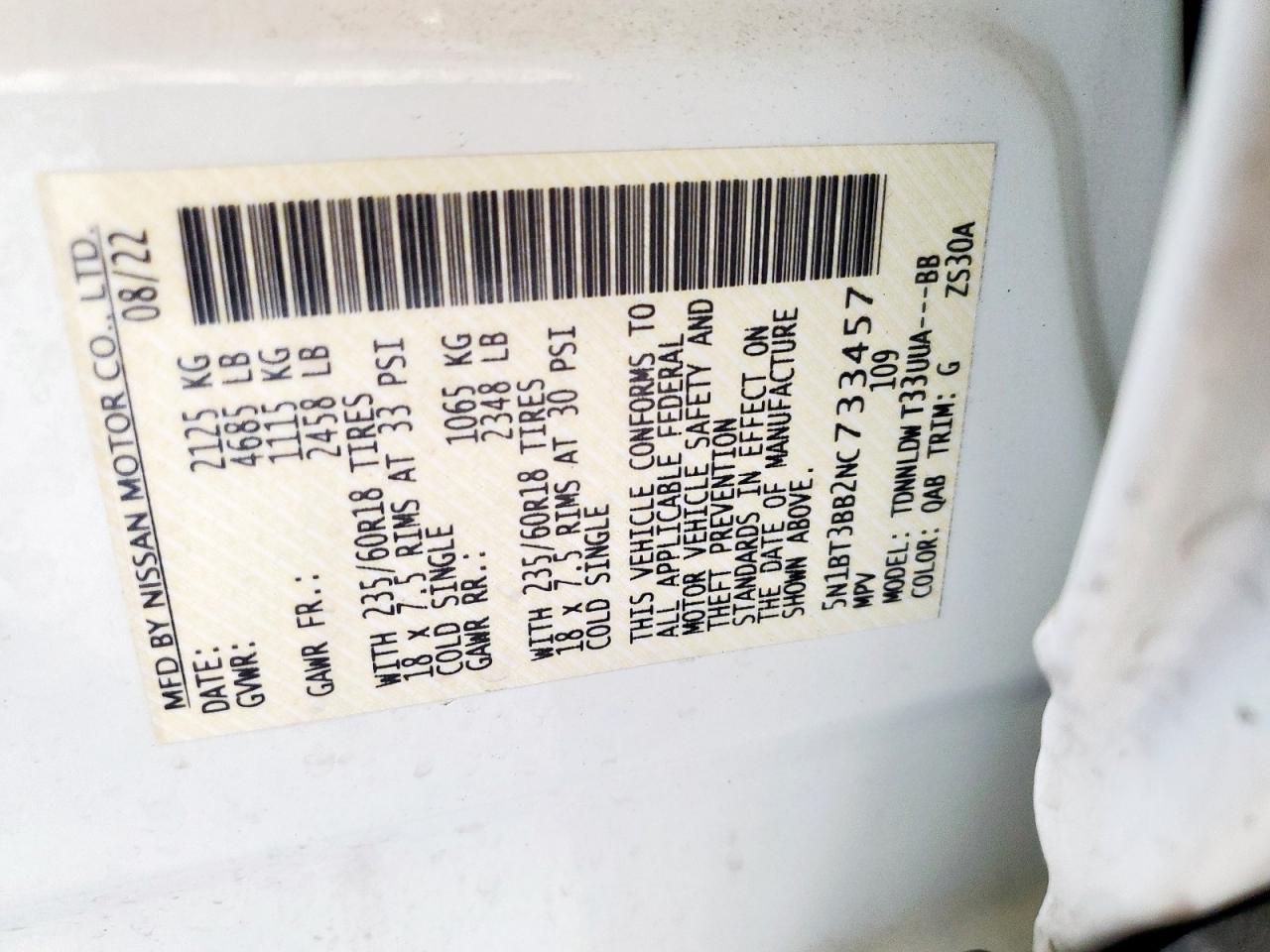 2022 Nissan Rogue Sv VIN: 5N1BT3BB2NC733457 Lot: 85925945