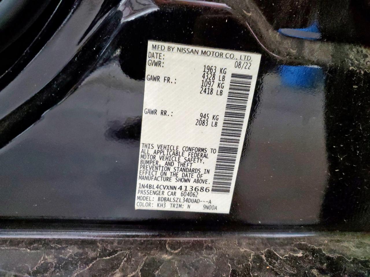 2022 Nissan Altima Sr VIN: 1N4BL4CVXNN413686 Lot: 84931655