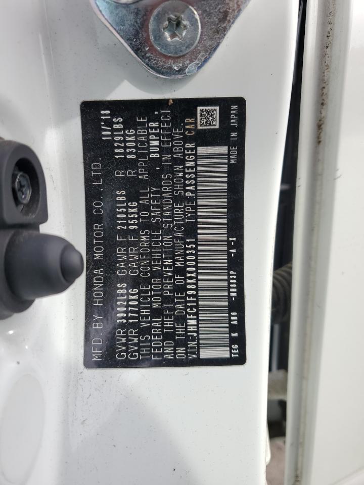 2019 Honda Civic Touring VIN: JHMFC1F98KX000351 Lot: 86078765