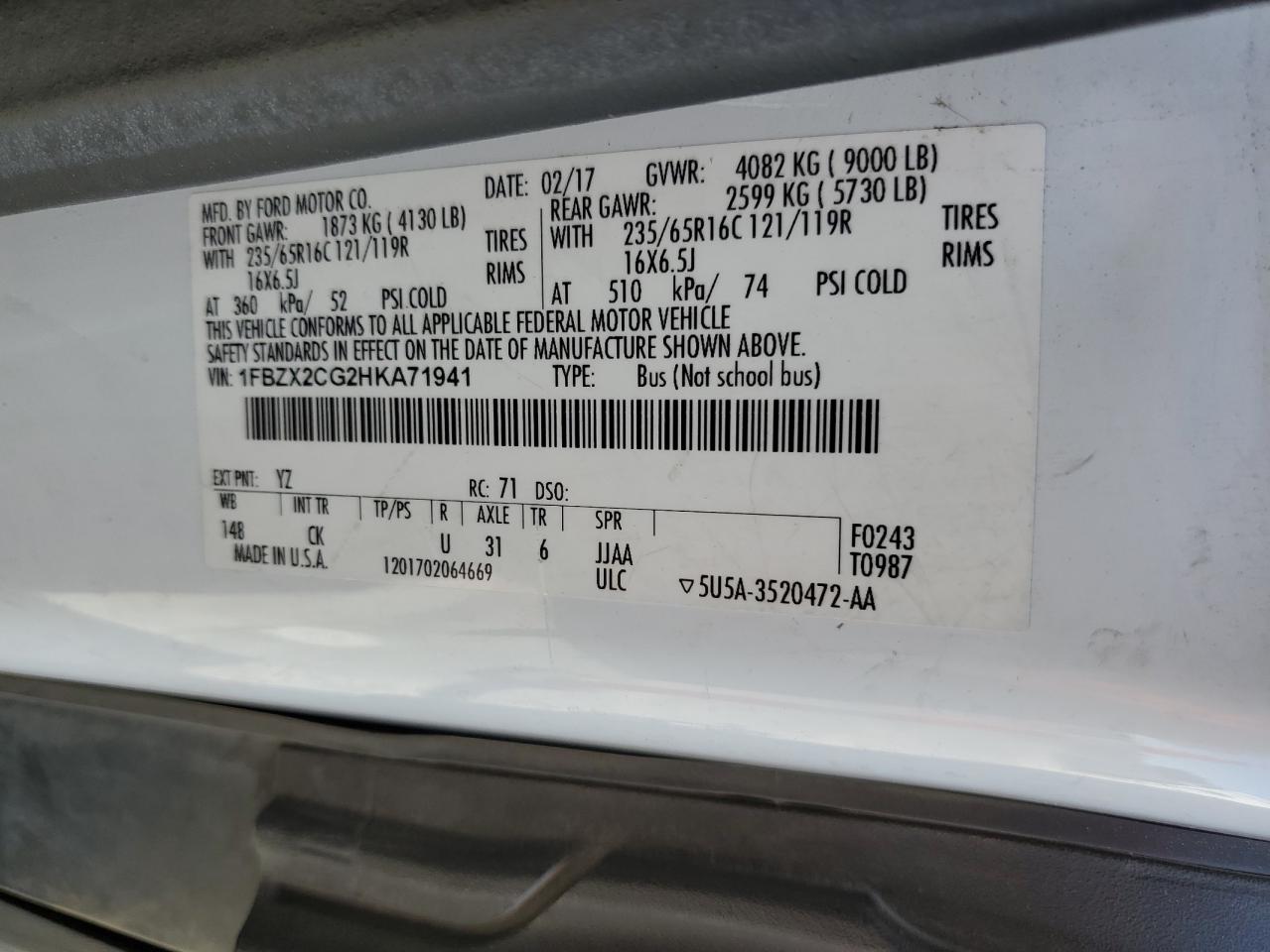 2017 Ford Transit T-350 VIN: 1FBZX2CG2HKA71941 Lot: 84961665