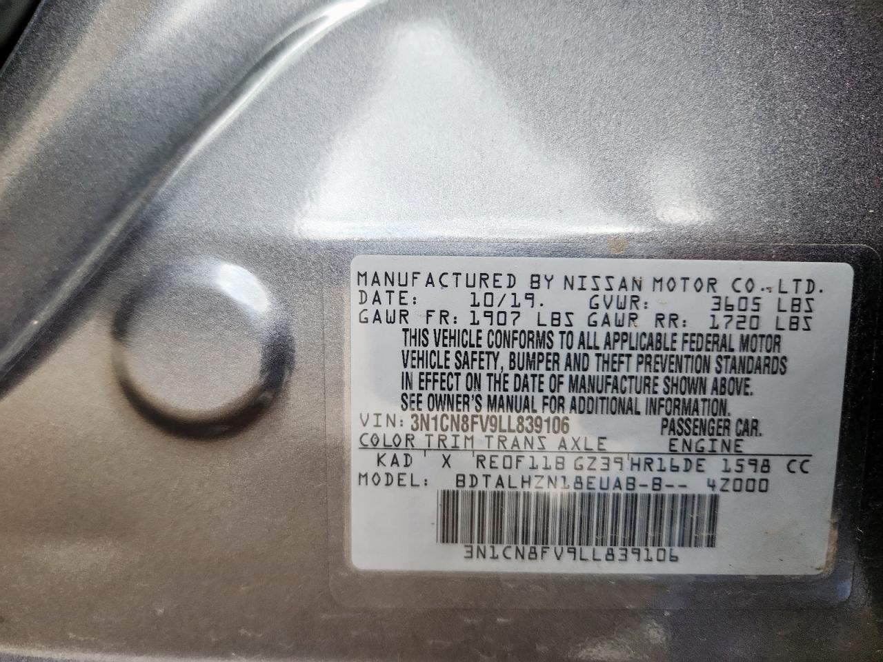 2020 Nissan Versa Sr VIN: 3N1CN8FV9LL839106 Lot: 85086785