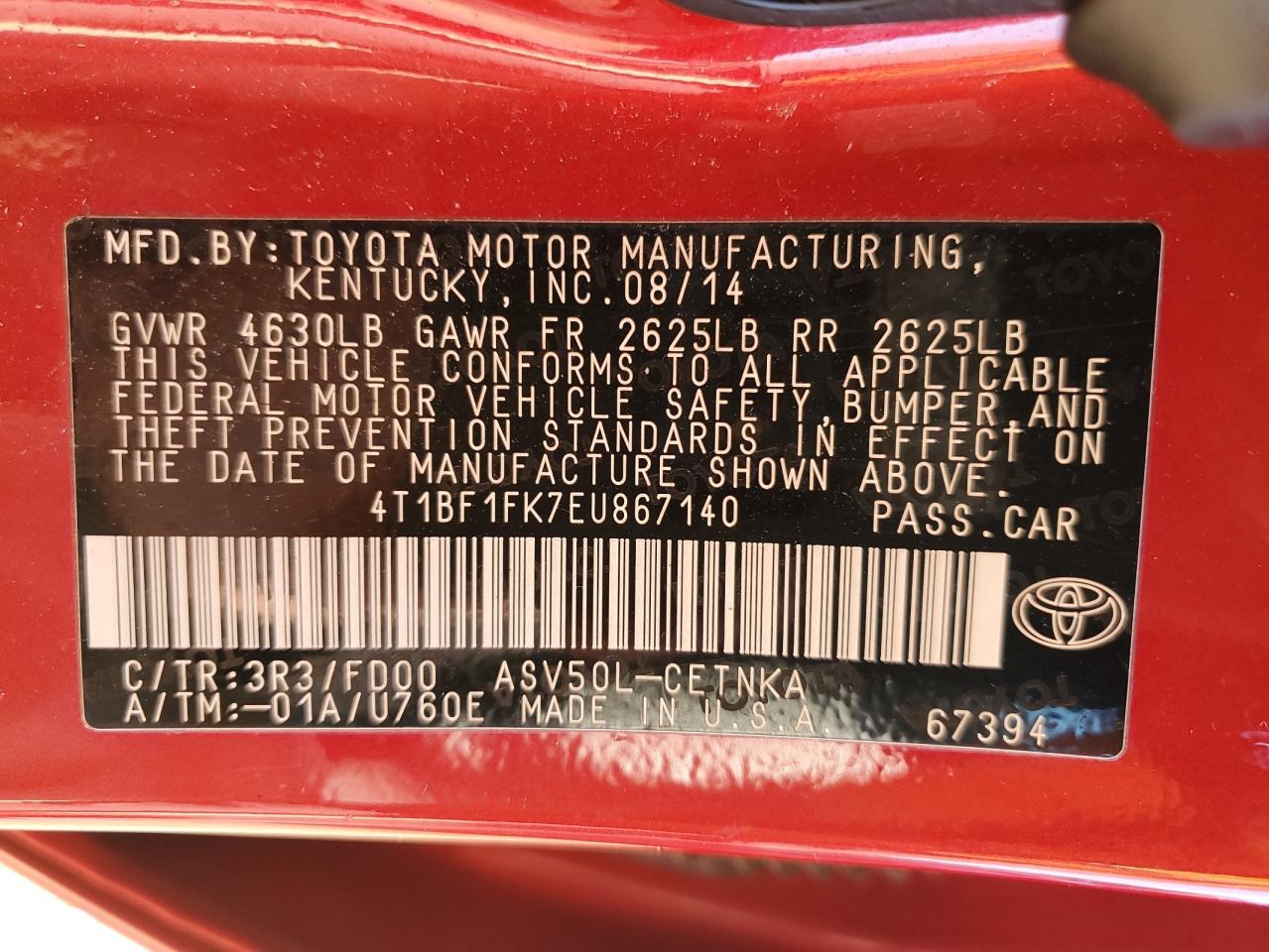 2014 Toyota Camry L VIN: 4T1BF1FK7EU867140 Lot: 85347095