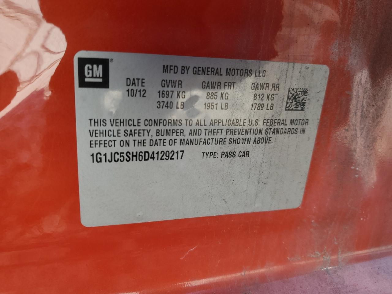 2013 Chevrolet Sonic Lt VIN: 1G1JC5SH6D4129217 Lot: 84957045