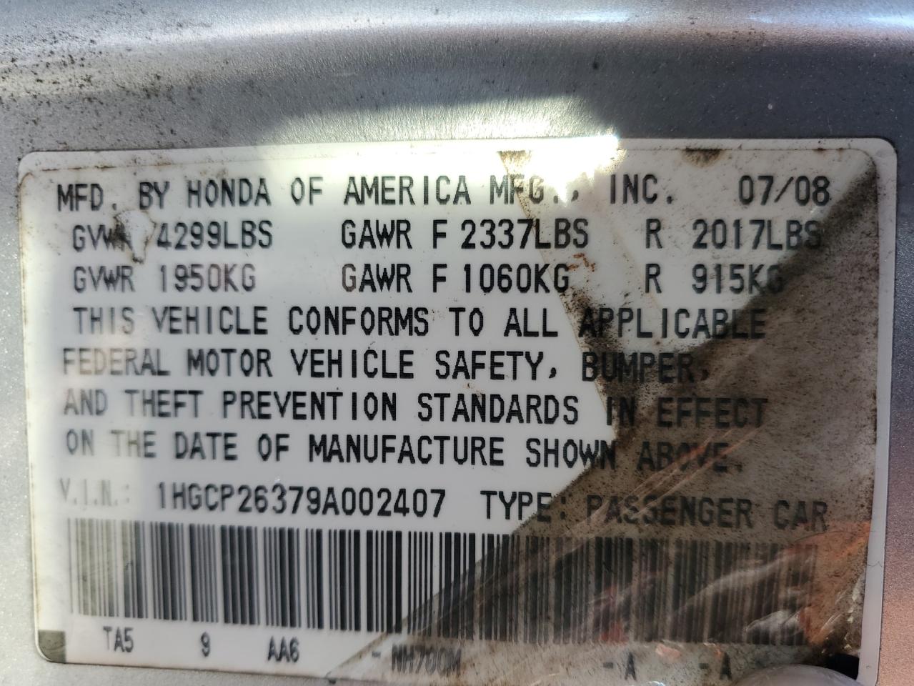 2009 Honda Accord Lx VIN: 1HGCP26379A002407 Lot: 84923755