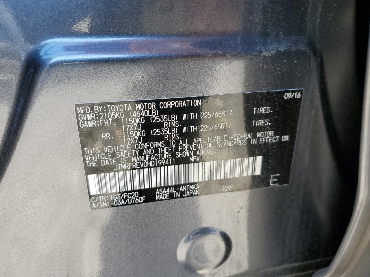 2017 Toyota Rav4 Xle VIN: JTMRFREV0HD199411 Lot: 86143875