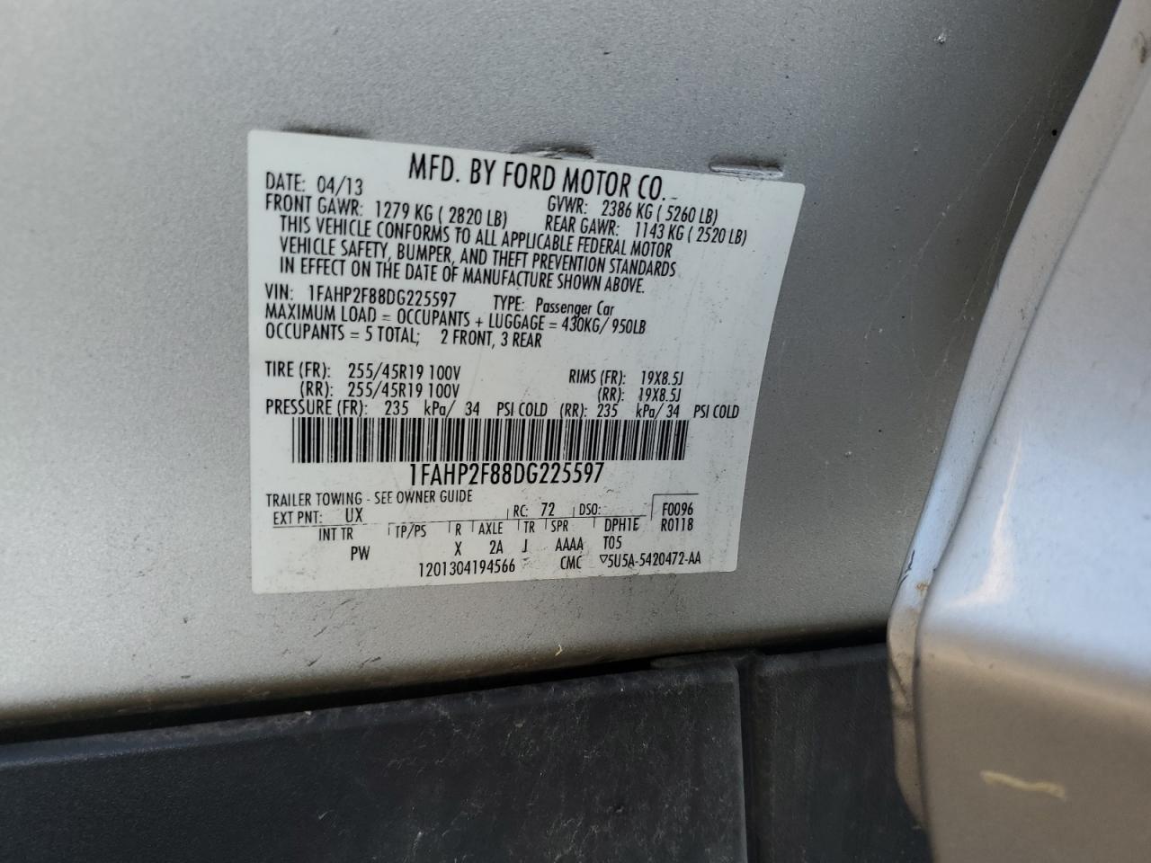 2013 Ford Taurus Limited VIN: 1FAHP2F88DG225597 Lot: 85893935